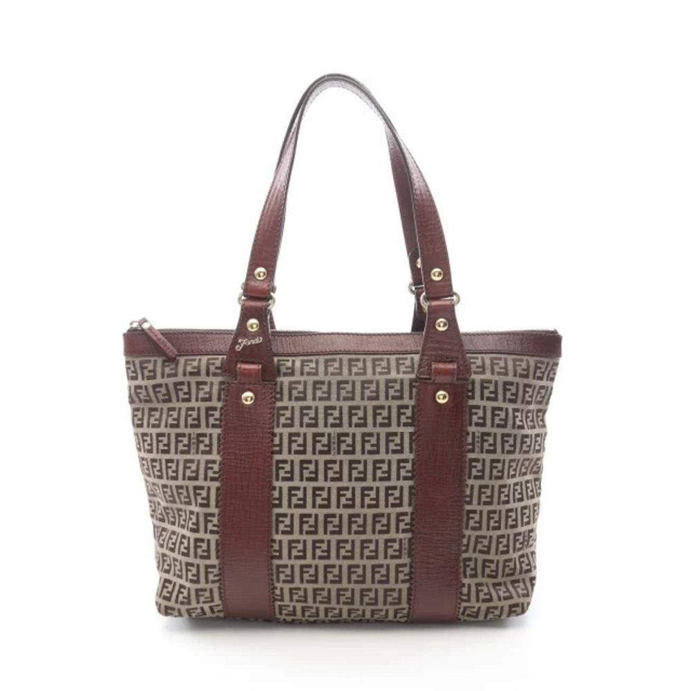 Fendi Zucchino Tote Bag Canvas Leather Beige Cream Brown